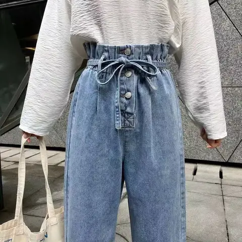 WITHZZ Autumn Women High Waist Fashion Elastic Pants Trousers Lady Multi-button Elastic Waist Female Harem Pants Jeans