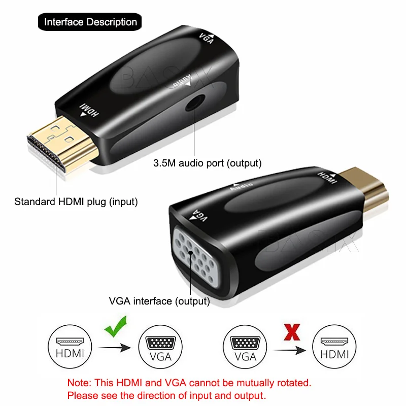 Адаптер BKSCY HDMI в VGA адаптер с аудиокабелем Папа-мама для ПК ноутбуков планшетов