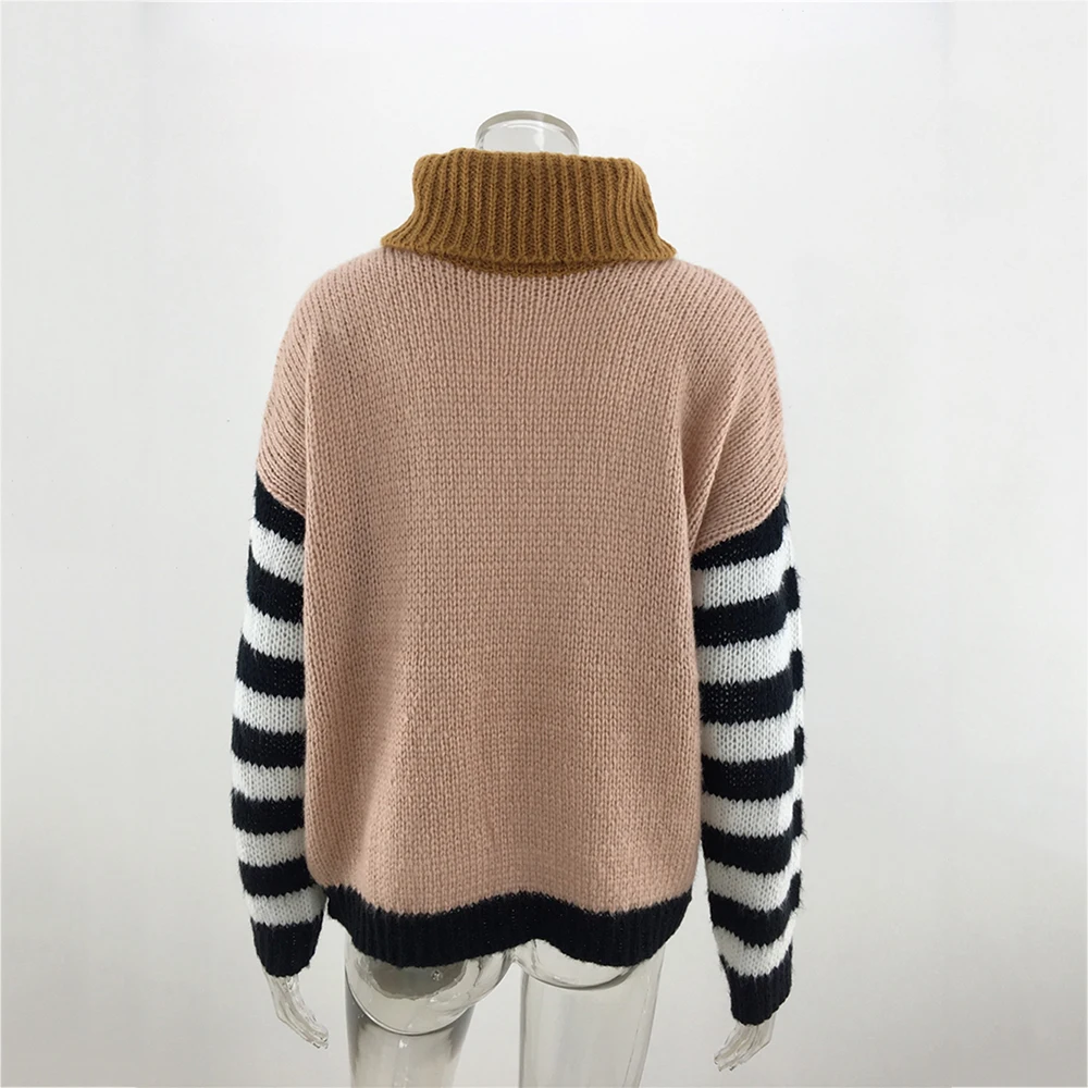 

New Women Knitted Striped Sweater Fall Winter Patchwork Long Sleeve Sweaters and Pullovers Casual Loose Oversized Sweater Tops