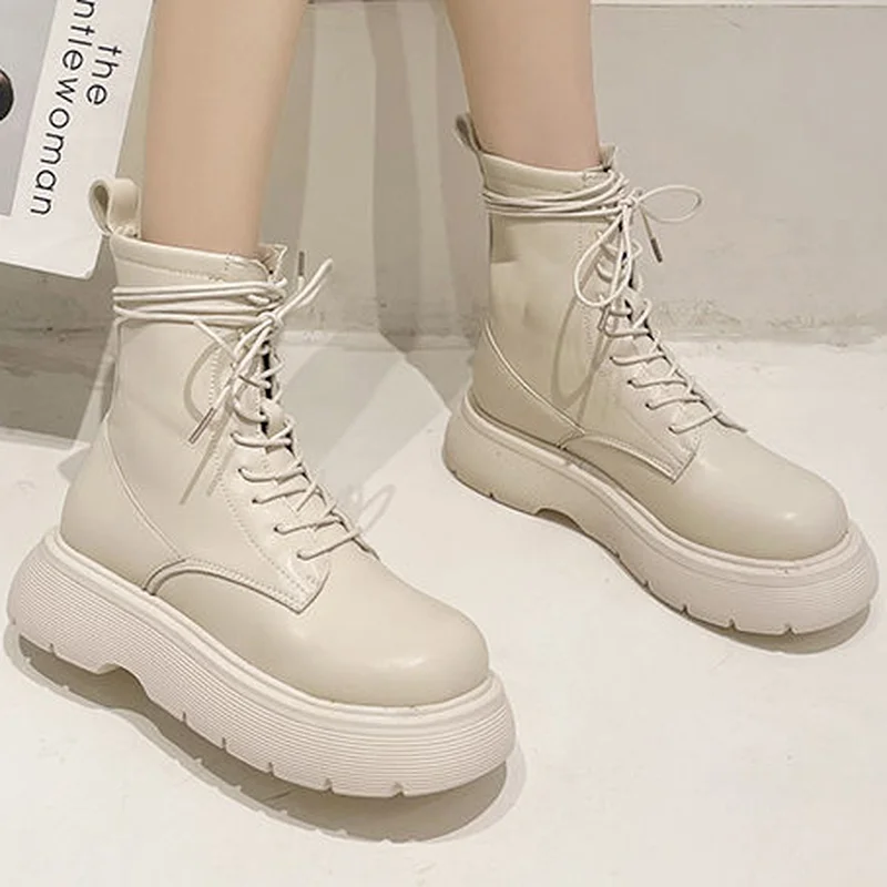 

Round Head Lace-up Square Heel Women'd Casual Boots 2022 Autumn New Fashion Platform Short Tube Women's Martin Chelsea Boots