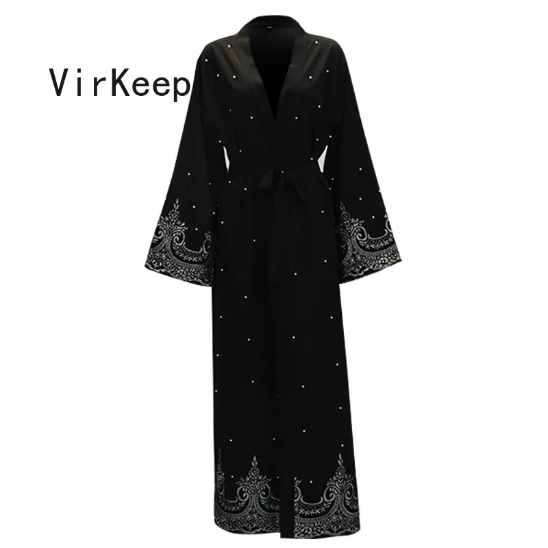 

women lace design maxi robe lace up waist dress pearls beading muslim abaya arabic dubai ramadan kaftan loose gown VKDR2177