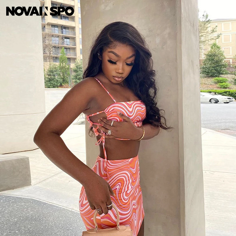 

NOVAINSPO Baddie Style Ripple Women Skirt Sets Sexy Clubwear Skinny Lace Up Hot Two Piece Outfits Strap Summer 2021 Co-ord Set