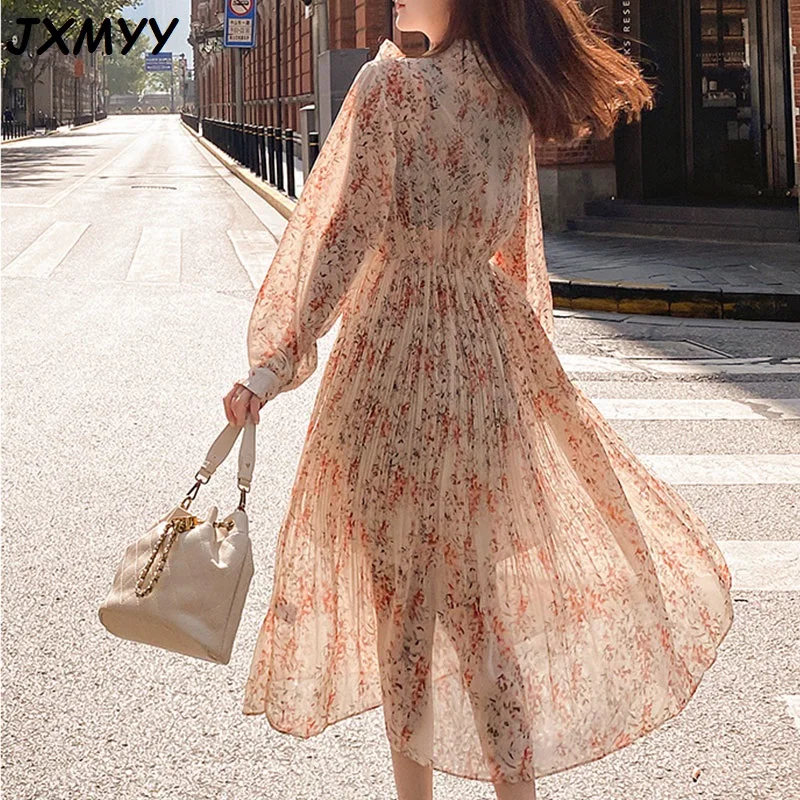 

2021 spring new product fashion temperament sweet stand-up collar floral mid-length chiffon pleated skirt with base skirt JXMYY
