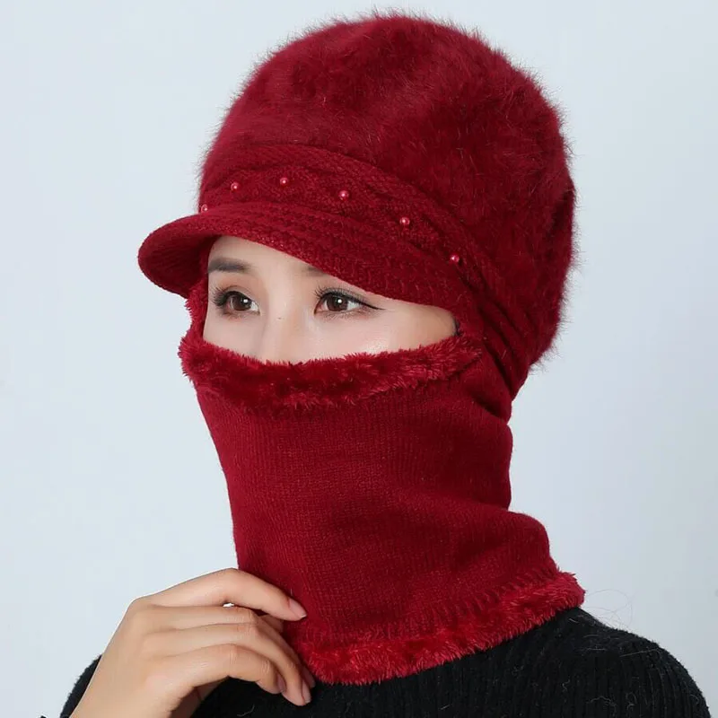 Высококачественные зимние шапки для женщин Skullies Beanie cap шляпки из шерсти набор теплая маска Gorras шапка из кроличьего меха Вязаная Шапка