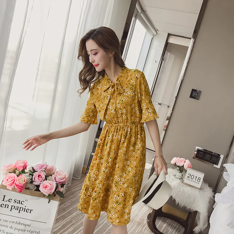 2019 Весна Лето Женское платье для дам с длинным рукавом винтажная шифоновая