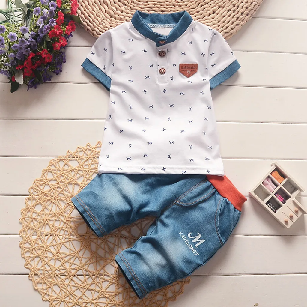 

Baby Boy Clothes Sets Kids Cartoon T-shirt Short Sleeve Blouse Denim Shorts Outfit Suit Children Tracksuit Summer Kids Tracksuit