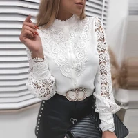 elegant stand collar button vintage lace blouse women sexy hollow out design top shirt