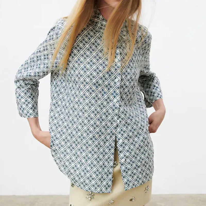 

KUMSVAG Women Summer Linen Loose Shirts Blouses Tops 2021 ZA Full Sleeve Print Turn-down Collar Female Vintage Street Top Cloth