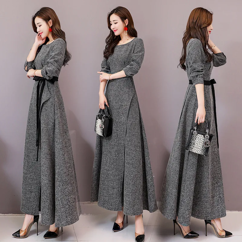 

2021 Korean version of wild spring and autumn trend fashion round neck temperament commuter long simple solid color dress