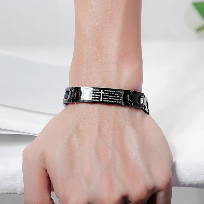 Черный металлический браслет из нержавеющей стали 316L с крестом для мужчин и