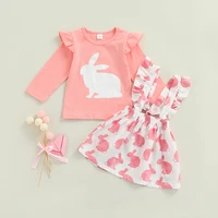 2pcs easter kids baby girls outfit toddlers sweet style bunny printing long sleeve round collar tops suspender skirt set