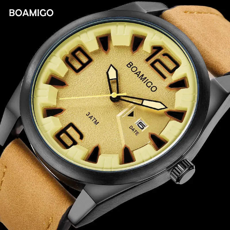 

BOAMIGO Leather Men's Watches Sports Casual Quartz Wristwatches Waterproof Analog Big Date Clock Watch relogio masculino 2021