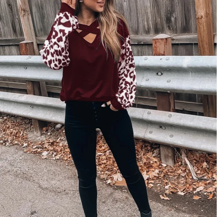 

2021 cross border women leopard cross V-neck casual long sleeve T-shirt Street dress T-shirt women's spring home T-Shirt Top