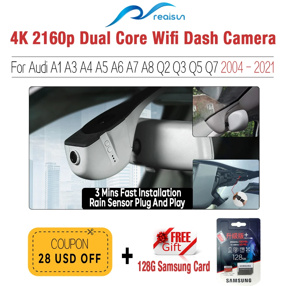 $129.60 Realsun 4K 2160P Car DVR Dual Core Novatek 96670 Wifi Dash Camera Video Recorder For Audi Car A1 A3 A4 A5 A6 Q2 Q3 Q5 Q7