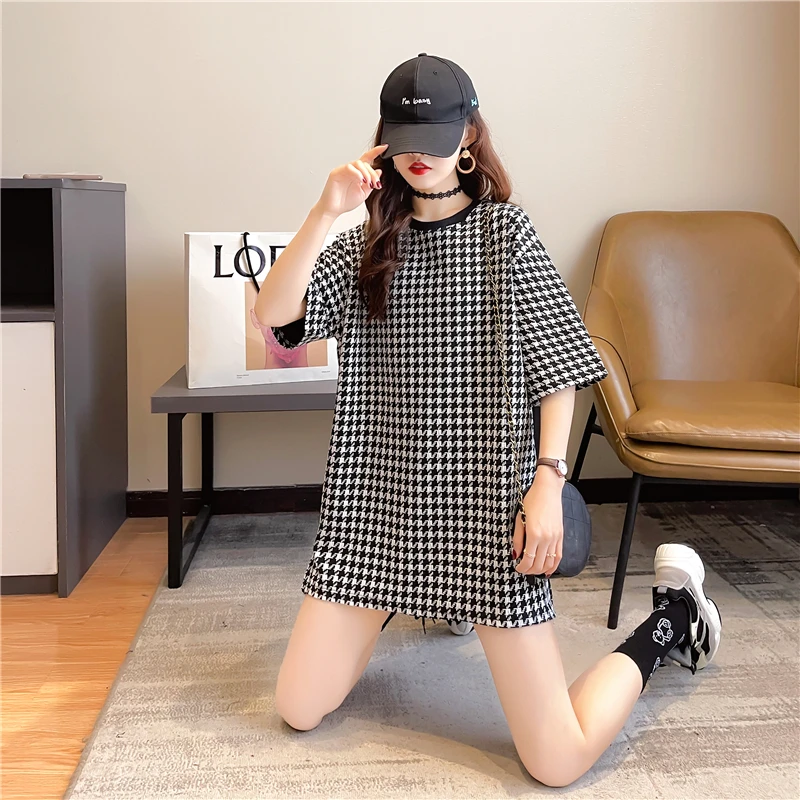 

Houthion Cotton Women's T-shirt Loose Short Sleeve Tshirt Plus Size Top New Korean Fashion Tops Casual O-neck Chidori T Shirt