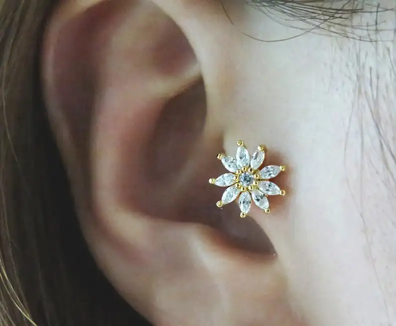 20 Калибр цветок циркон Козелок Уха Пирсинг из нержавеющей стали daith серьги