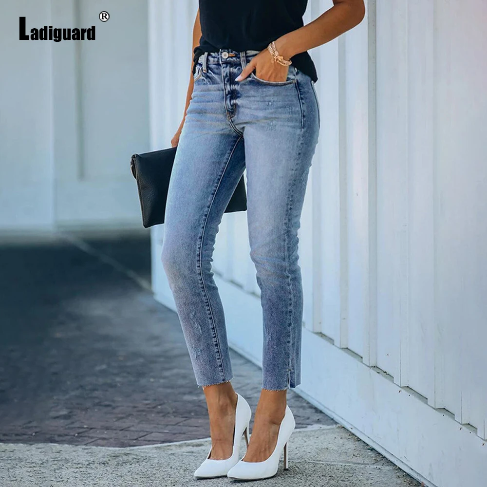 Women Stretch Distressed Jeans Slim Botttom Mid Waist Denim Pants Skinny Trousers Fashion Jeggings Ladies Autumn Demin Clothes