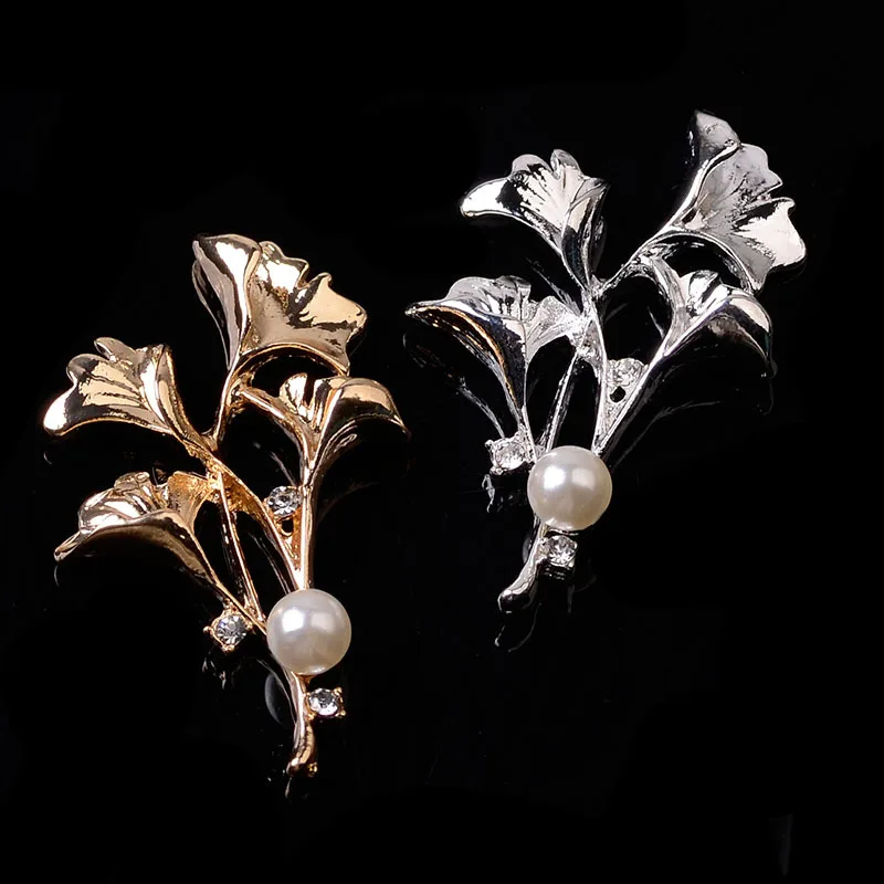 

JKJ 10PCS Alloy Crystal Ginkgo leaves pearl flower Luxury Branch Charm For Jewelry Making Brooch Pin Hairpin Wedding gift