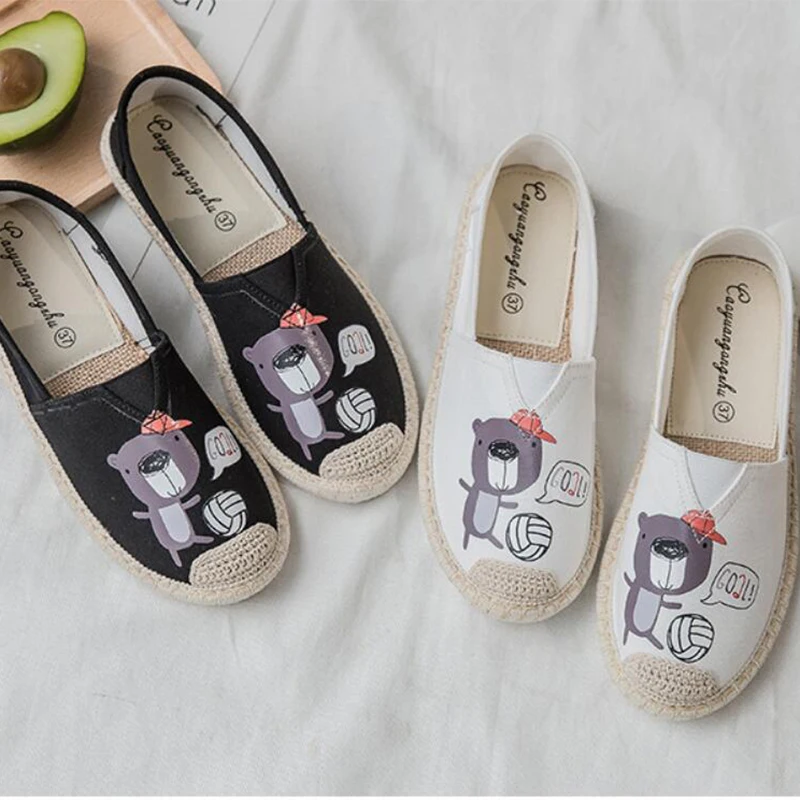 

Cartoon Animation Weave Round Toe Canvas Loafers Women Little Bear Espadrilles Fisherman Shoes Woman Sewing Slip on Flats Female