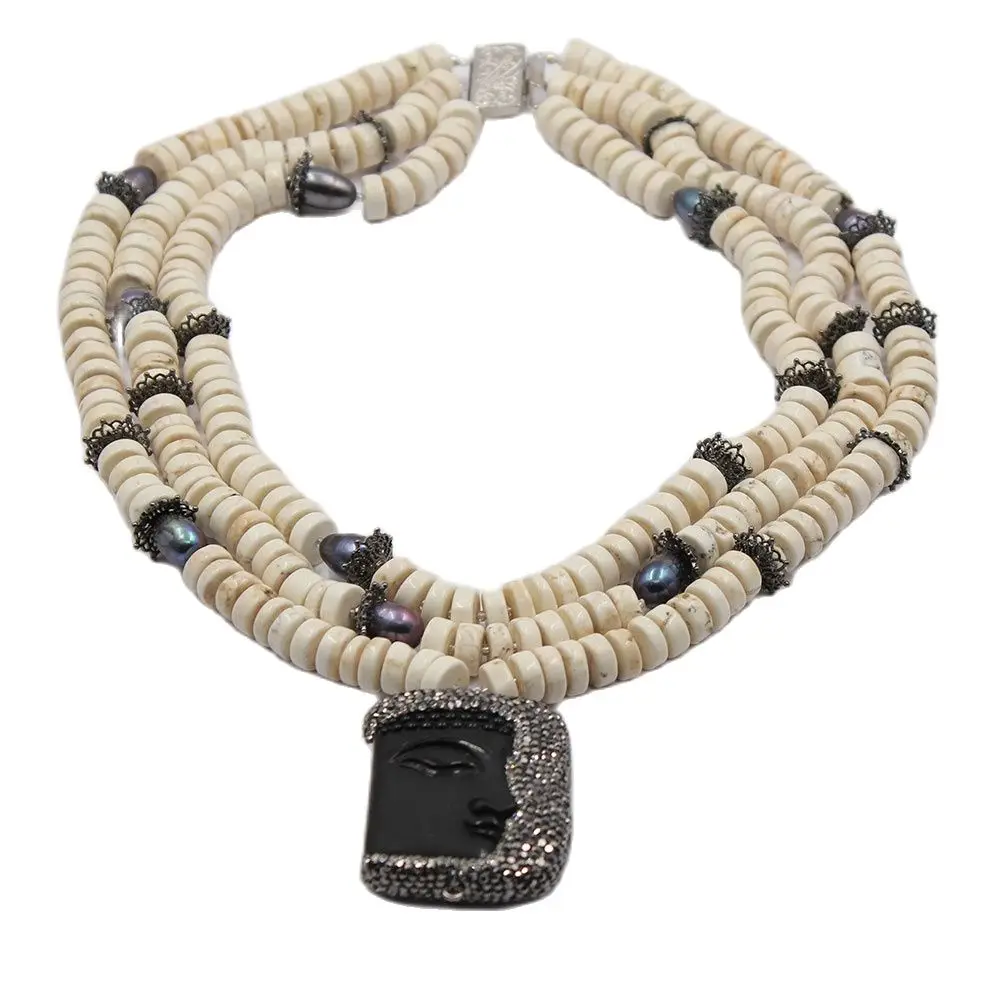 

Ювелирные изделия GuaiGuai, 2 ряда, диск, белый бирюза, культивированное черное жемчужное ожерелье, искусственная подвеска, религиозный стиль дл...