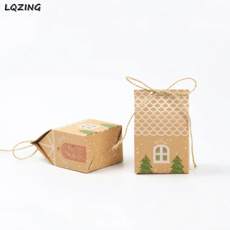 5pcs Christmas Tree Printed Kraft Paper Boxes Khaki Candy Bag Favors Gift Box Package Xmas Party Decor Bags with Rope | Дом и сад