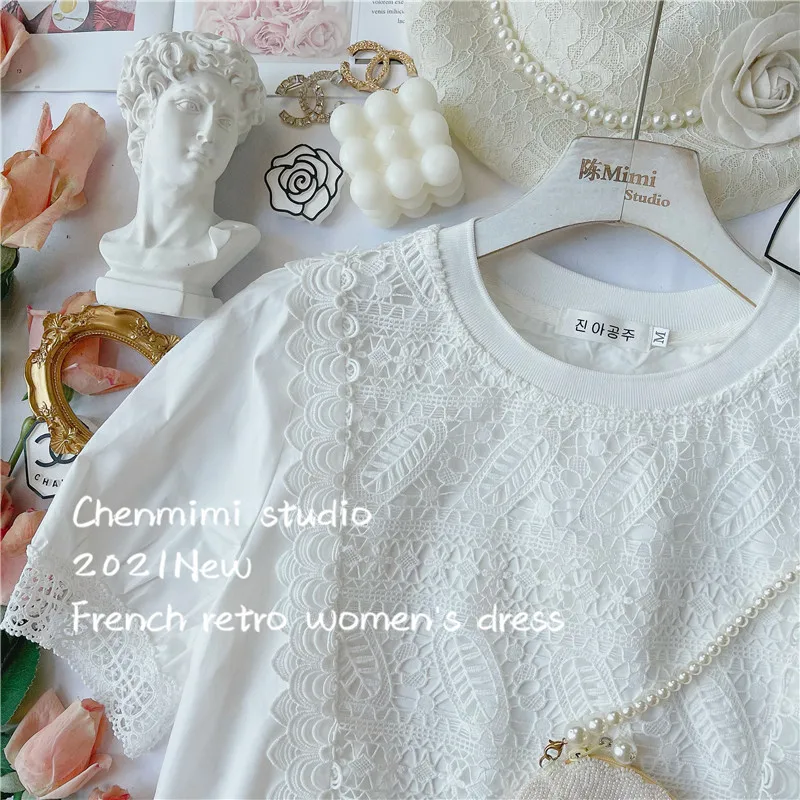 

2021 Spring Women Vintage Court Style T-shirt Navy Blue Stripes Stitching Lace Short Sleeve Shirt Bottom Top All-Matching Tops