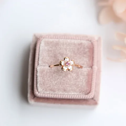 LAMOON Сакура 925 Серебряное кольцо для женщин, натуральная основа, маленький цветок кольцо, 18 К, покрытие розовое золото, ювелирные украшения для женщин LMRI087