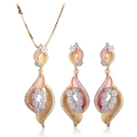 blucome luxury three tones colors pendant necklace drop earring cubic zircon accessories for women wedding banquet jewelry set