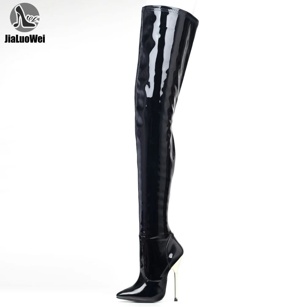 

JIALUOWEI 36-46 Big Size PU leather thigh high boots 14cm high heel pointed toe over the knee long boots in stock fast shipping