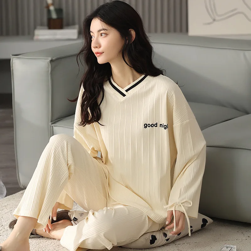 Pajamas Women's Long Sleeved Cotton Simple Leisure Suit Lady Home Clothes 2Pcs Set Sleepwear Female Nightwear Nightgown