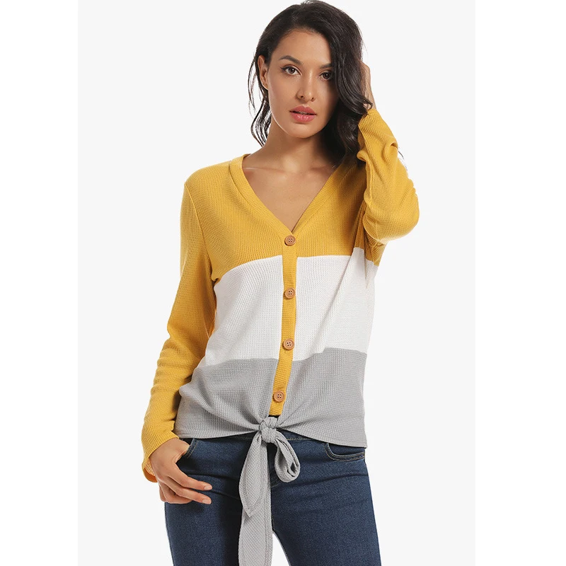 

Stripe Patching Work Top Femmal Long Sleeve Sweater V Neck Women Slim Pullover Bow Button Decorate Chic Net Pullover Autumn
