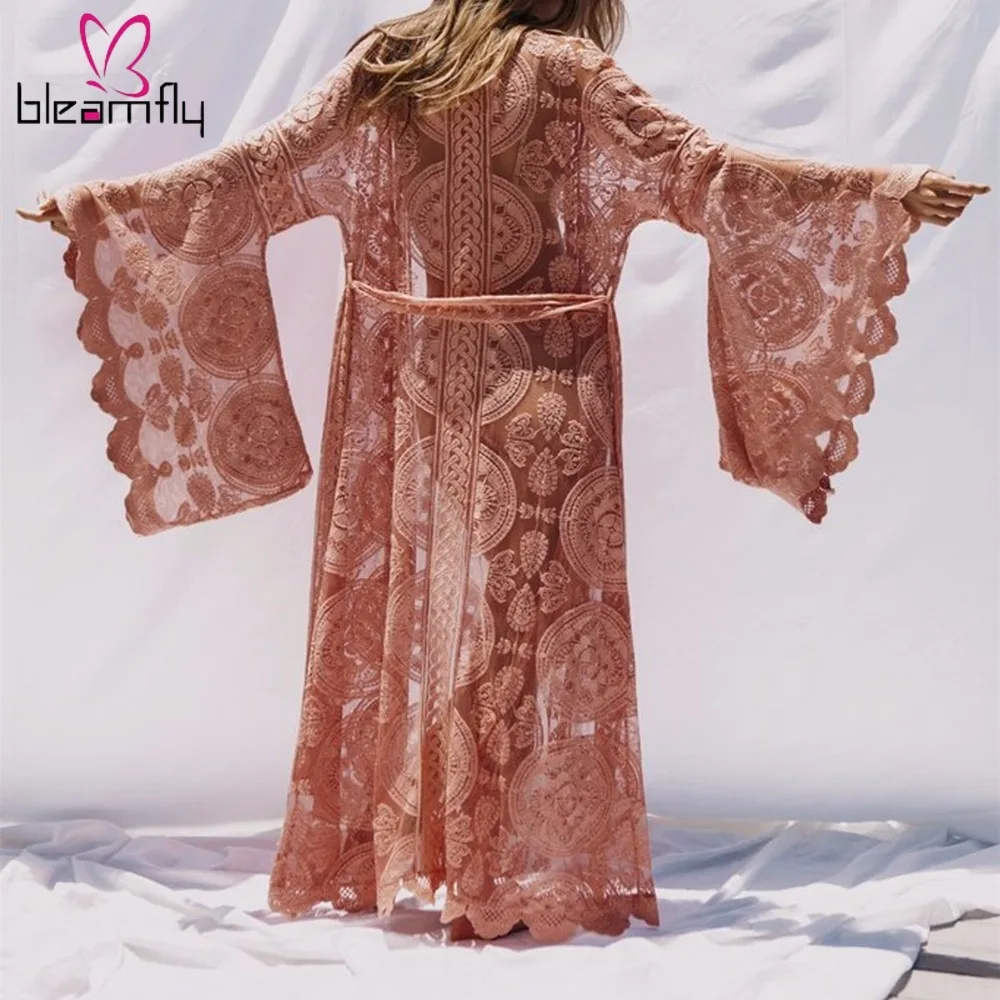 Женское кружевное длинное кимоно Boho осенне-летняя блузка с длинным рукавом
