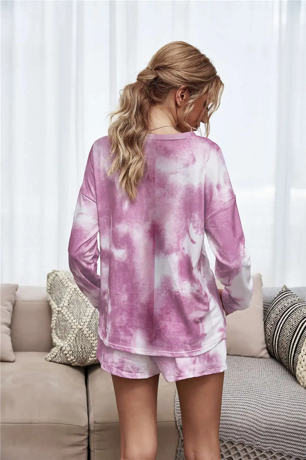 

Women Casual Tie Dye Two Piece Tracksuits Womens Outfits Lounge Wear Autumn Long Sleeve Loose Tops And Shorts Suit New Sleepwear