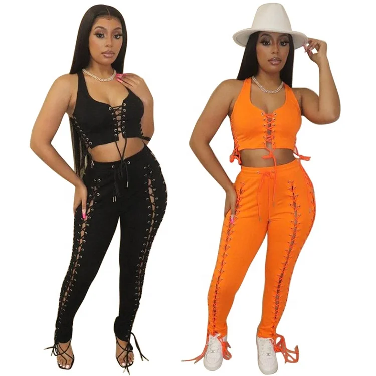 

In Stock new arrivals lace up crop and pants 2 piece set women clothing