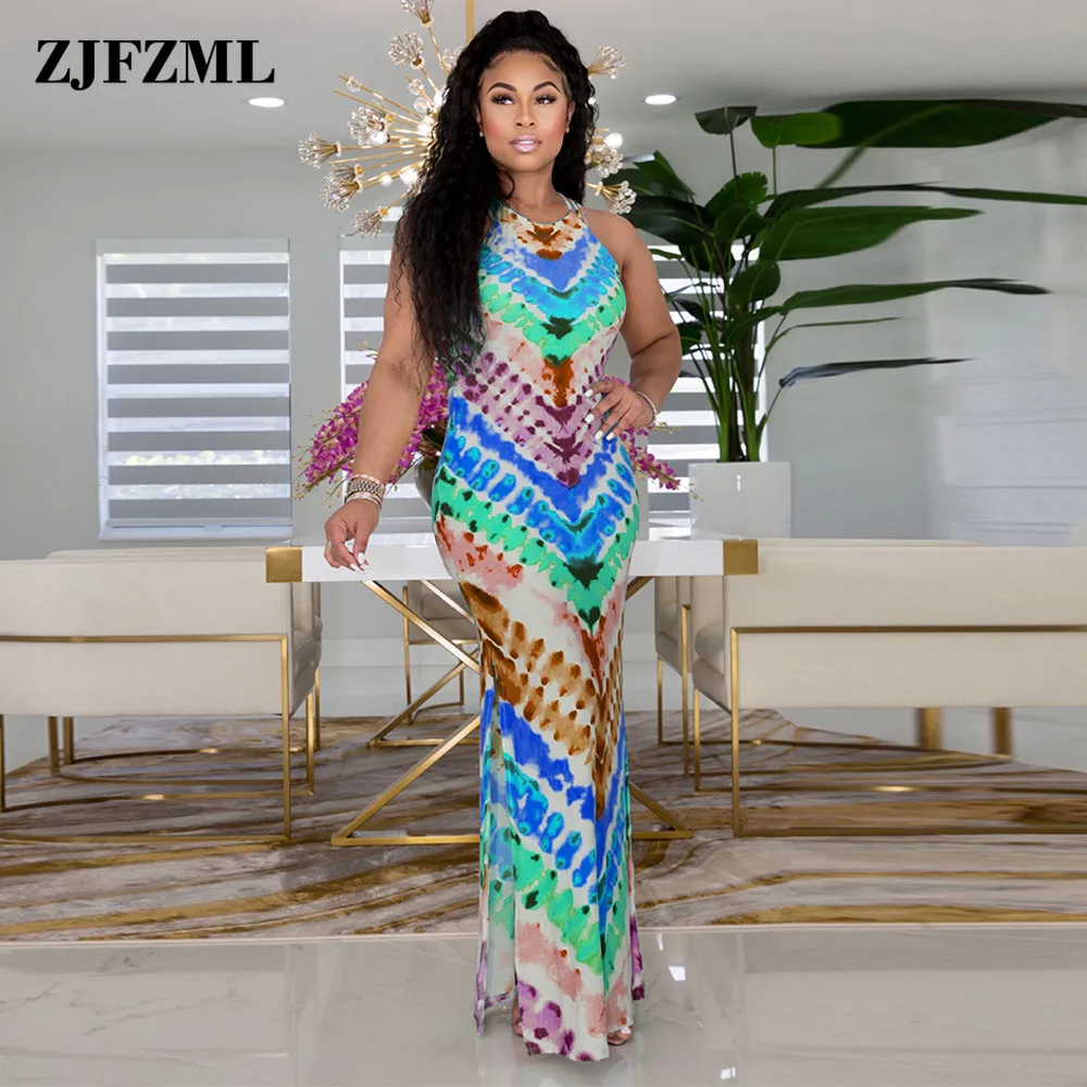 

Женское длинное платье с принтом радуги, элегантное модное вечерние легающее платье без рукавов с круглым вырезом и высоким разрезом сбоку