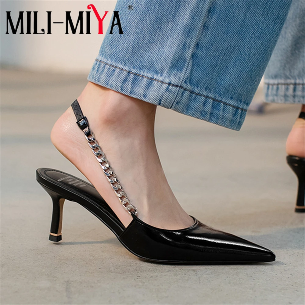 

MILI-MIYA Новое поступление; Пикантные женские туфли-лодочки из коровьей кожи с ремешком сзади, с острым носком шпильки модельная обувь без заст...