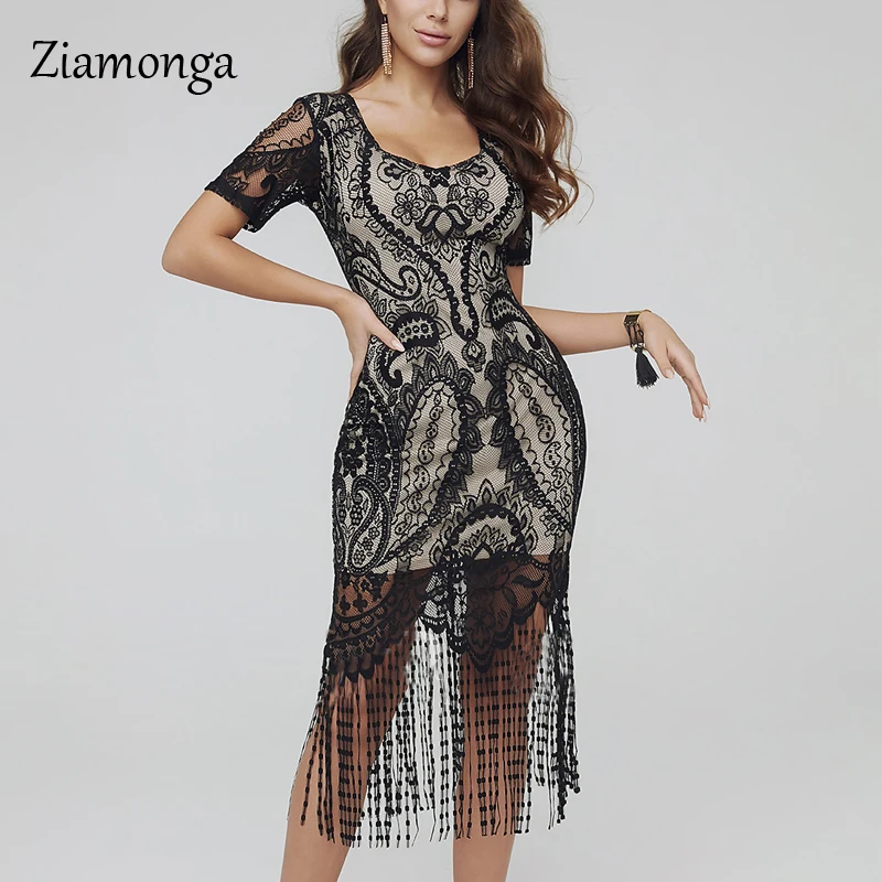 Ziamonga летнее Сексуальное женское платье с глубоким вырезом облегающее кружевное