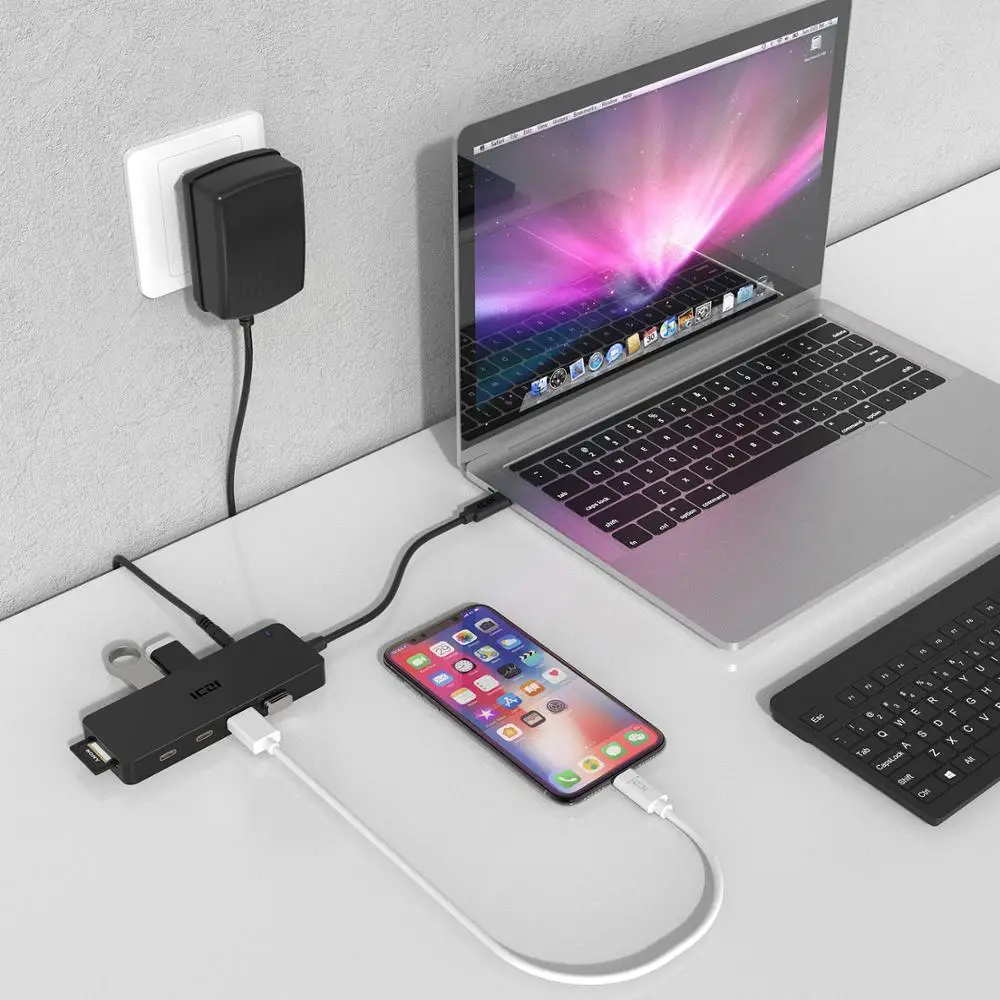 ICZI 8 в 1 USB C концентратор type до 4 * 3 0 + SD/TF кард ридер 2 порт для передачи данных с