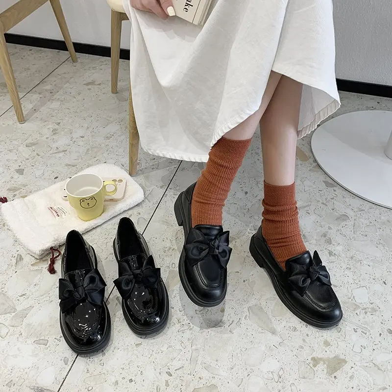 

New Slip on Platform Shoes Solid Leather Oxford Shoes for Women Shoes Woman Women Round Toe Bow Knot Casual Shoes Plus Size