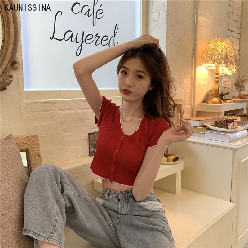 Эластичный укороченный топ с коротким рукавом женская летняя облегающая