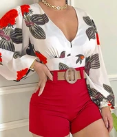 2021 new suit women full width floral long sleeved v neck casual suit shorts
