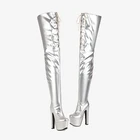 Модные зимние женские сапоги на молнии с перекрестной шнуровкой, Черные Сапоги выше колена на массивном каблуке, красного и серебристого цвета, 2021