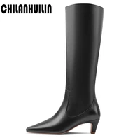 simple design shoes women knee high boots microfiber leather dress shoes woman mid thick heel long boots ins hot shoes woman