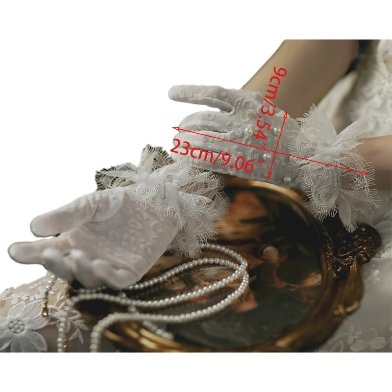

Women Vintage Sunscreen Short Gloves Sheer Floral Lace Jacquard Ruffles Mittens