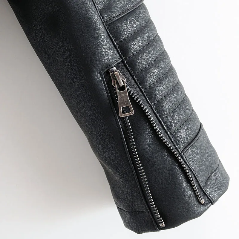 

Female Zipper Pleated Short Tops Outerwear Spring Autumn Lady Pu Leather Jacket Streetwear Long Sleeve Solid Coat