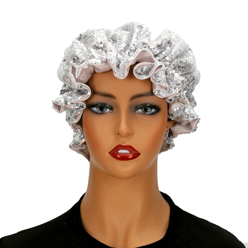 

Mom/Kids 2 Layers Sequin Fabric Skull Beanies Cap Hair Sparkle Foil Bonnet Satin For Sleeping