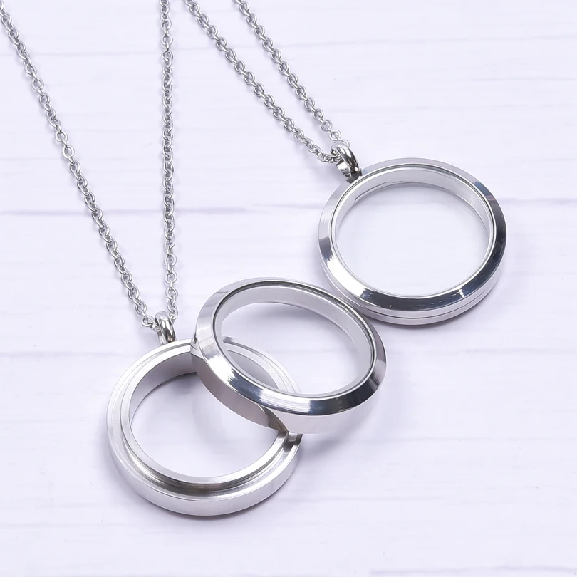 

1pcs Stainless Steel Locket Pendant Necklace For Women Men 20-40mm Floating Charm Lockets Necklace Round Glass Chain Around Neck