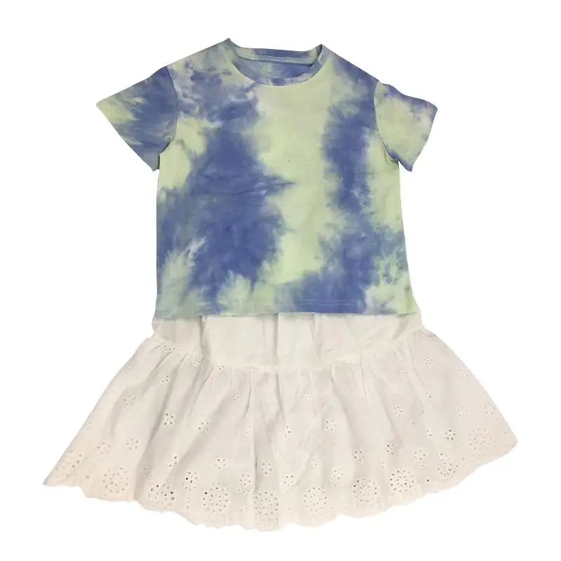 

New 2020 Summer Print 2PCS Set Girls Fashion Suit Kids Baby Girl Short Sleeve Tops Solid Pleated Skirt Outfits Clothes Sets K286