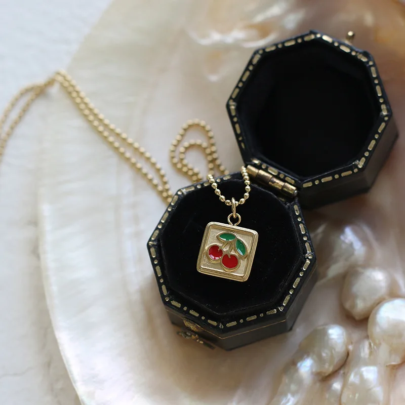 

Amaiyllis 14K Gold Cherry Epoxy Enamel Square Necklace Round Bead Clavicle Chain Pendants Necklace For Women Jewelry