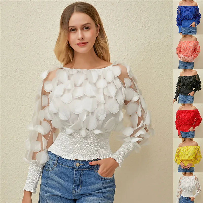 

Sexy Off Shoulder Womens Tops And Blouses 2021 Mesh Sheer Puff Sleeve Tops Summer 3D Flower Vintage White Women Shirt Blouse